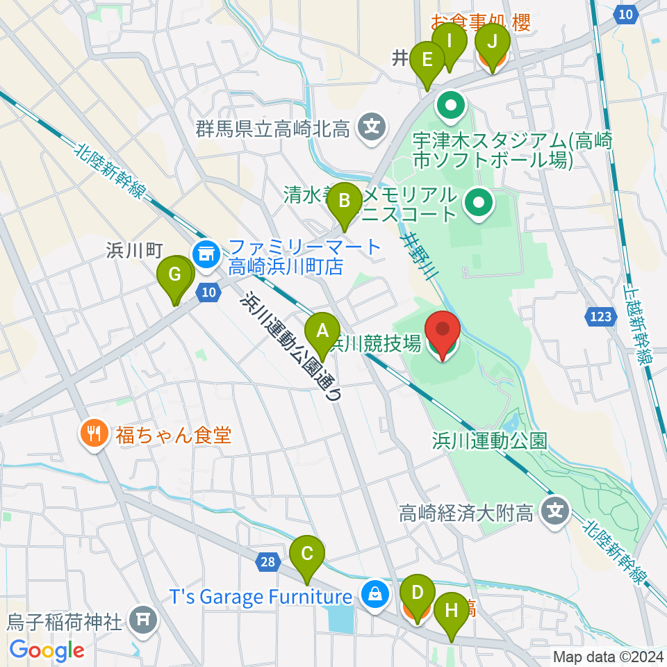 浜川競技場周辺のファミレス・ファーストフード一覧地図