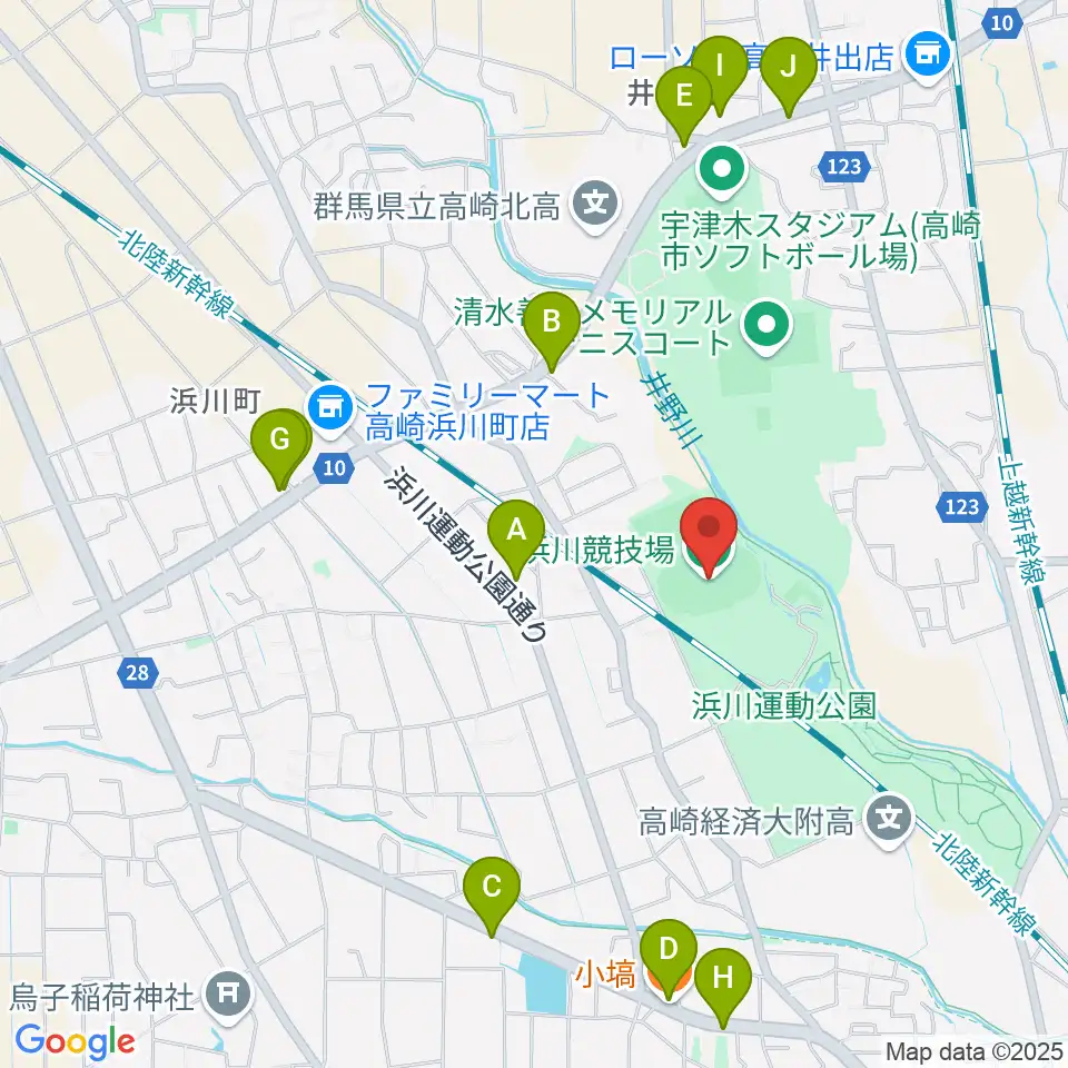 浜川競技場周辺のファミレス・ファーストフード一覧地図