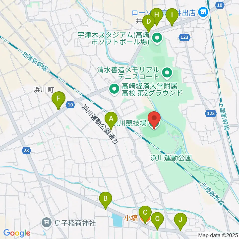 浜川競技場周辺のファミレス・ファーストフード一覧地図