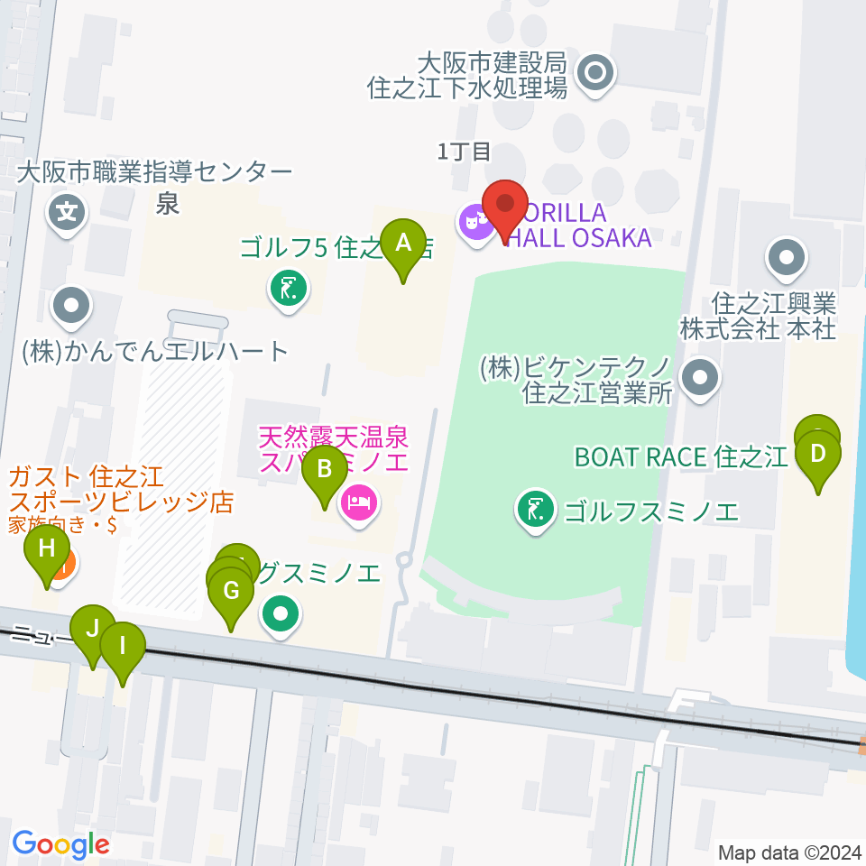 GORILLA HALL OSAKA周辺のファミレス・ファーストフード一覧地図