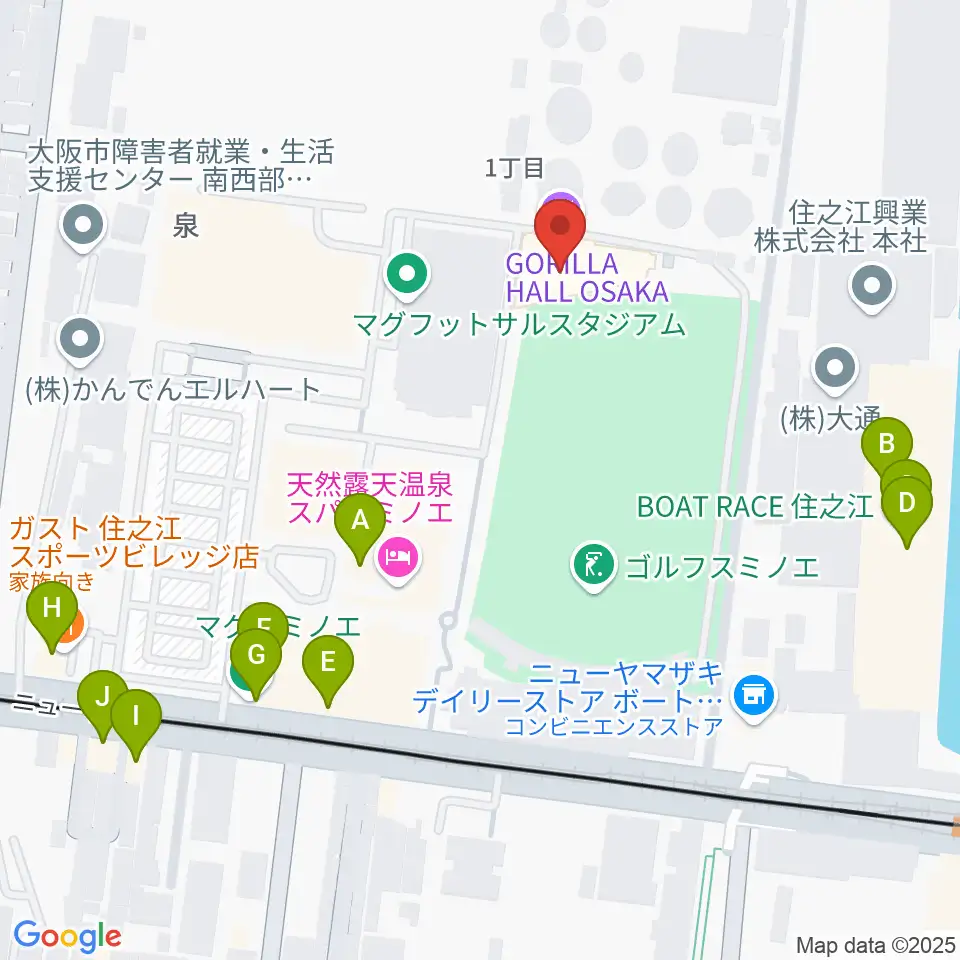 GORILLA HALL OSAKA周辺のファミレス・ファーストフード一覧地図