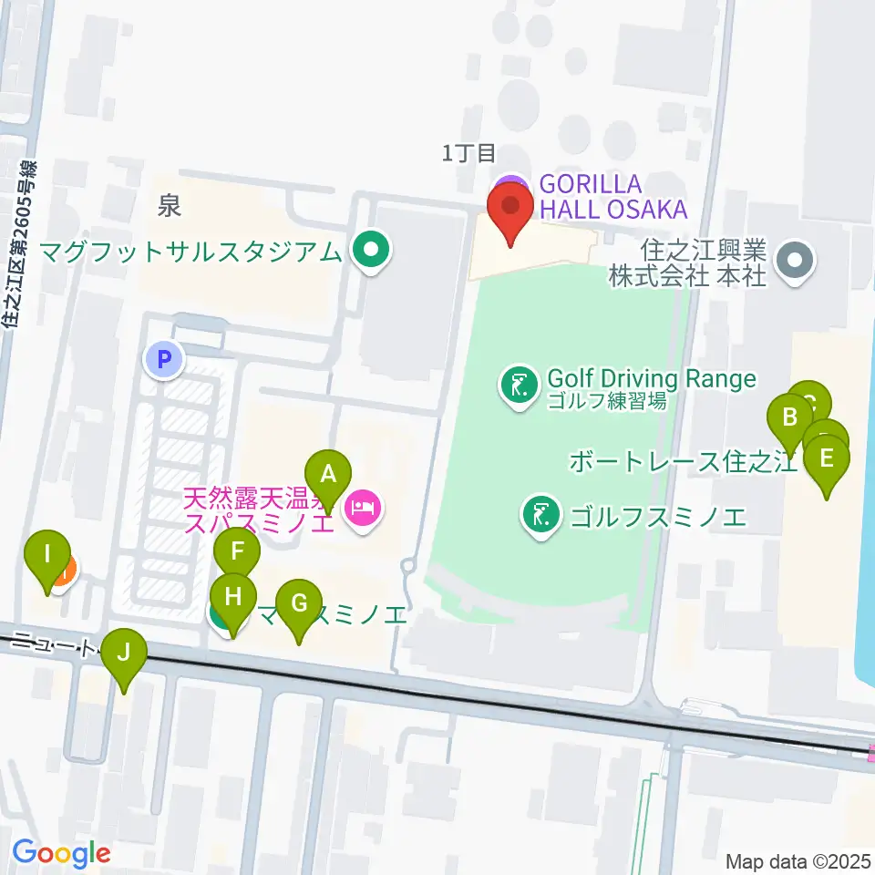 GORILLA HALL OSAKA周辺のファミレス・ファーストフード一覧地図