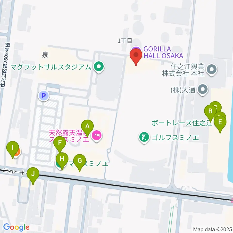 GORILLA HALL OSAKA周辺のファミレス・ファーストフード一覧地図