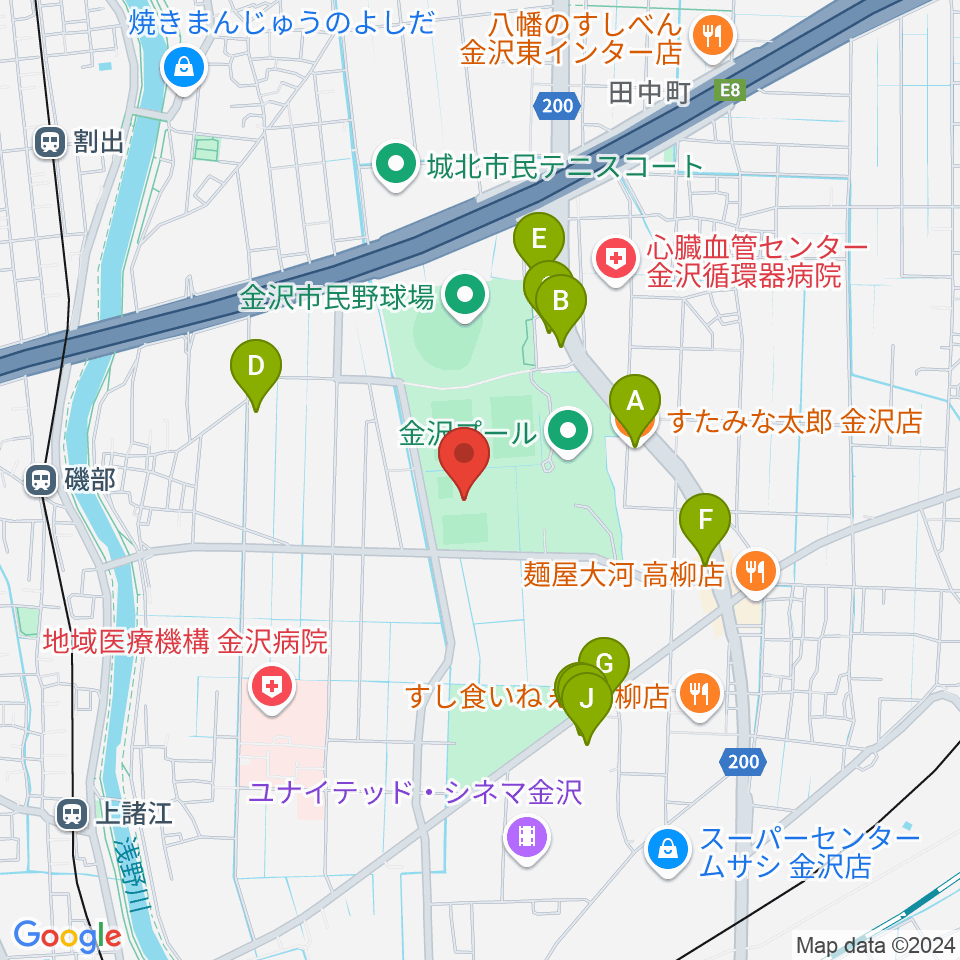 金沢ゴーゴーカレースタジアム周辺のファミレス・ファーストフード一覧地図