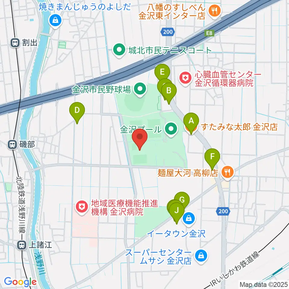 金沢ゴーゴーカレースタジアム周辺のファミレス・ファーストフード一覧地図
