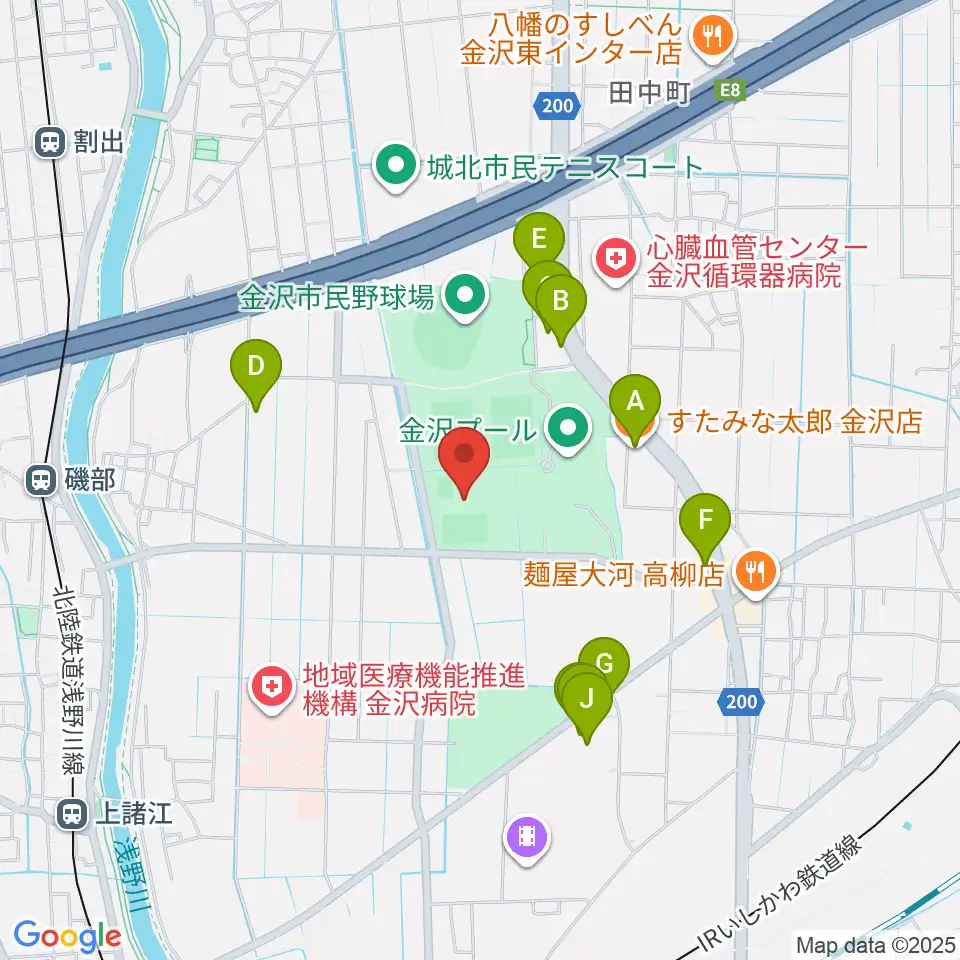 金沢ゴーゴーカレースタジアム周辺のファミレス・ファーストフード一覧地図