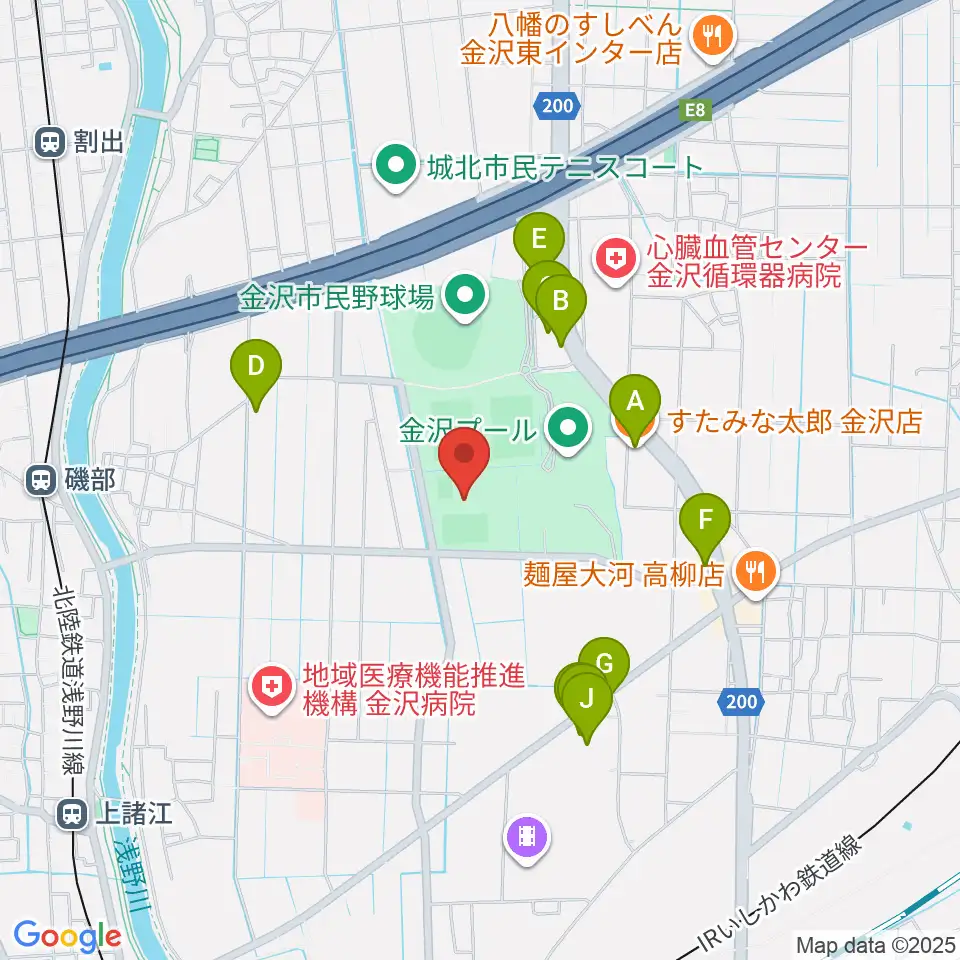 金沢ゴーゴーカレースタジアム周辺のファミレス・ファーストフード一覧地図