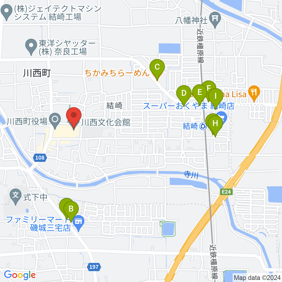 川西文化会館周辺のファミレス・ファーストフード一覧地図