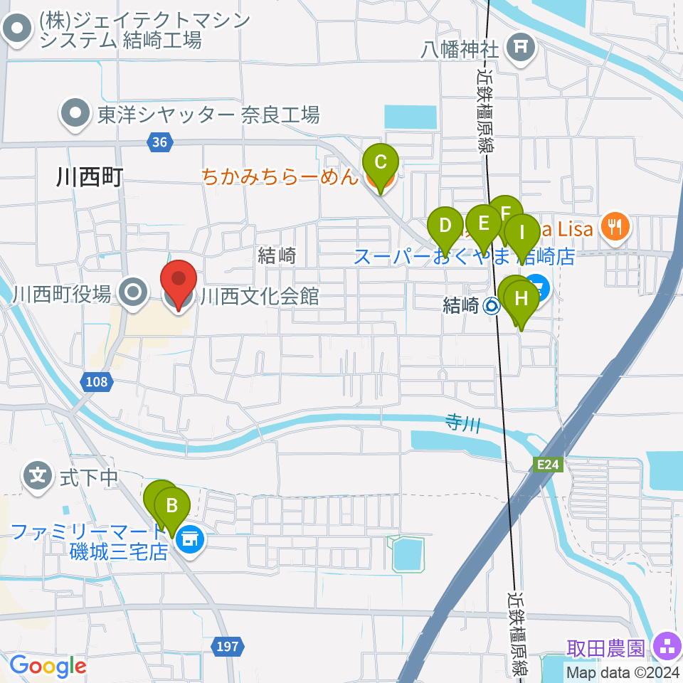 川西文化会館周辺のファミレス・ファーストフード一覧地図