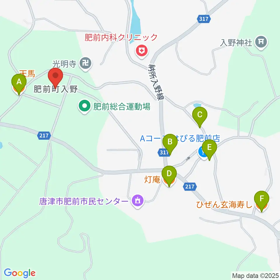 唐津市肥前文化会館ハーモニー周辺のファミレス・ファーストフード一覧地図
