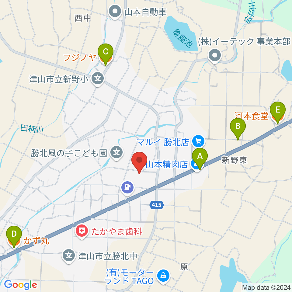 津山市勝北文化センター周辺のファミレス・ファーストフード一覧地図