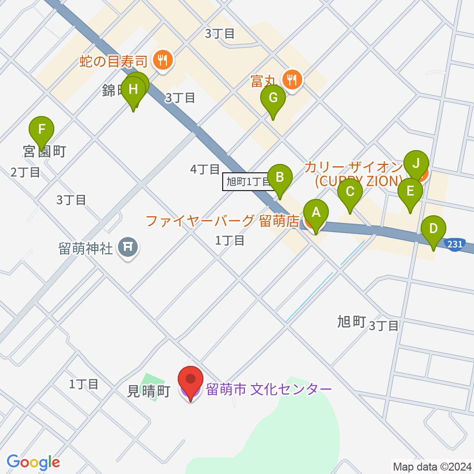 留萌市文化センター周辺のファミレス・ファーストフード一覧地図