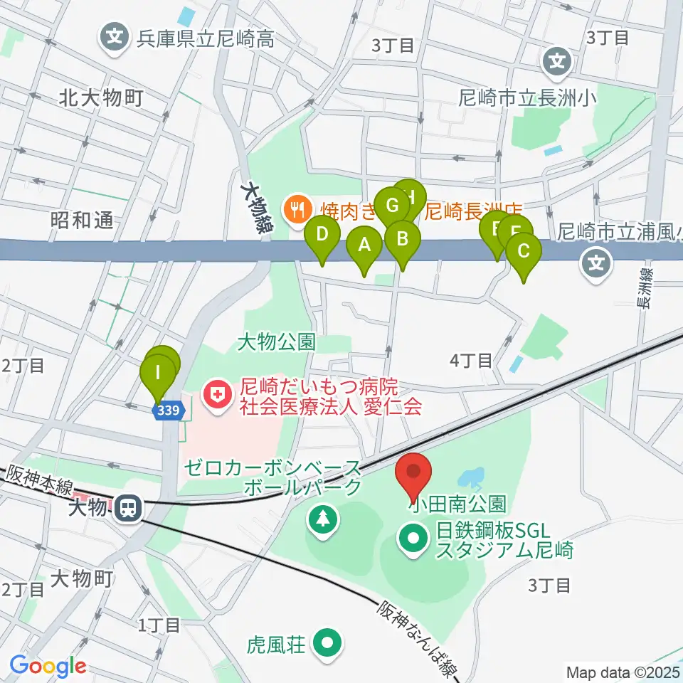 日鉄鋼板SGLスタジアム尼崎周辺のファミレス・ファーストフード一覧地図