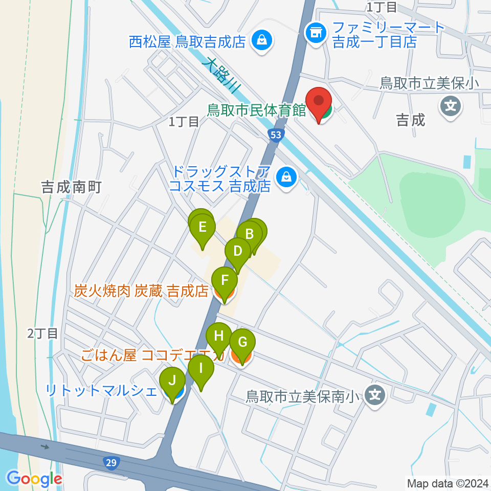 鳥取市民体育館エネトピアアリーナ周辺のファミレス・ファーストフード一覧地図