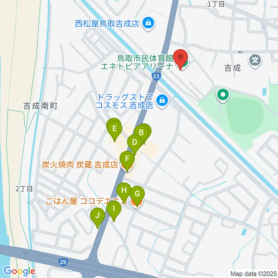鳥取市民体育館エネトピアアリーナ周辺のファミレス・ファーストフード一覧地図