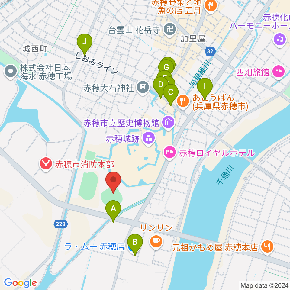 赤穂トラストホープ球場周辺のファミレス・ファーストフード一覧地図