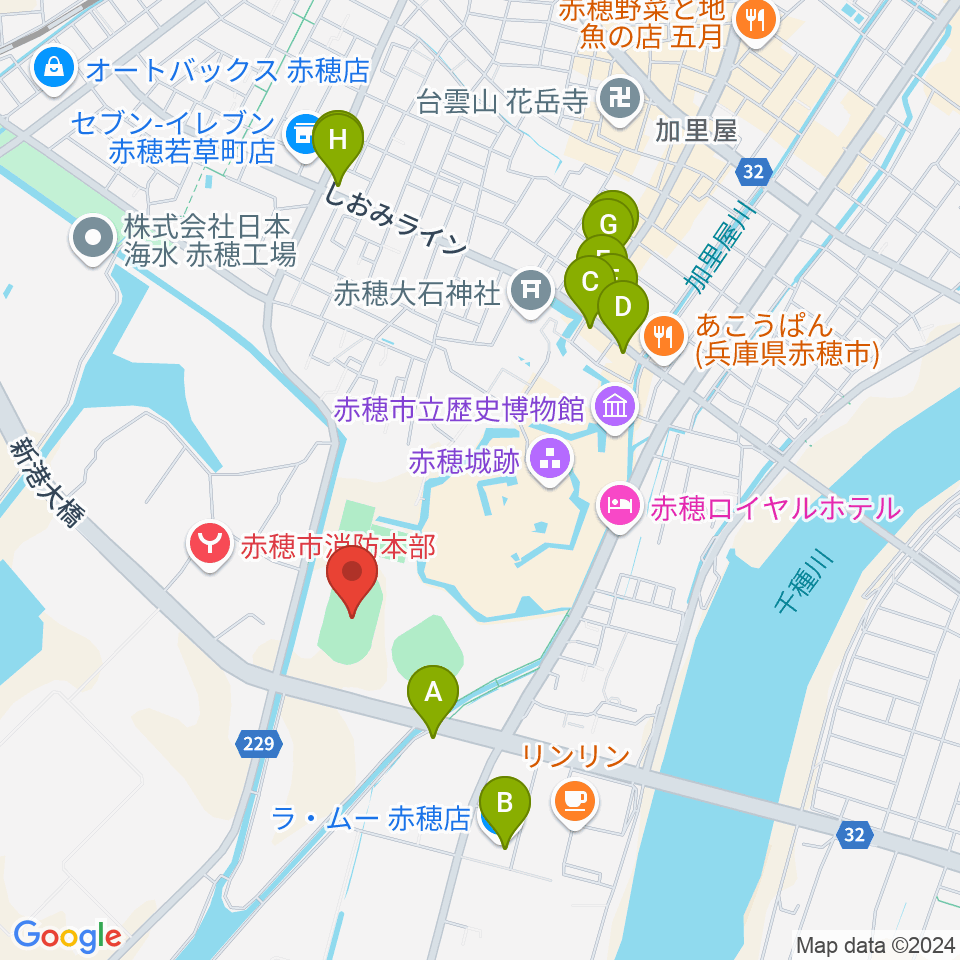 赤穂城南緑地陸上競技場周辺のファミレス・ファーストフード一覧地図