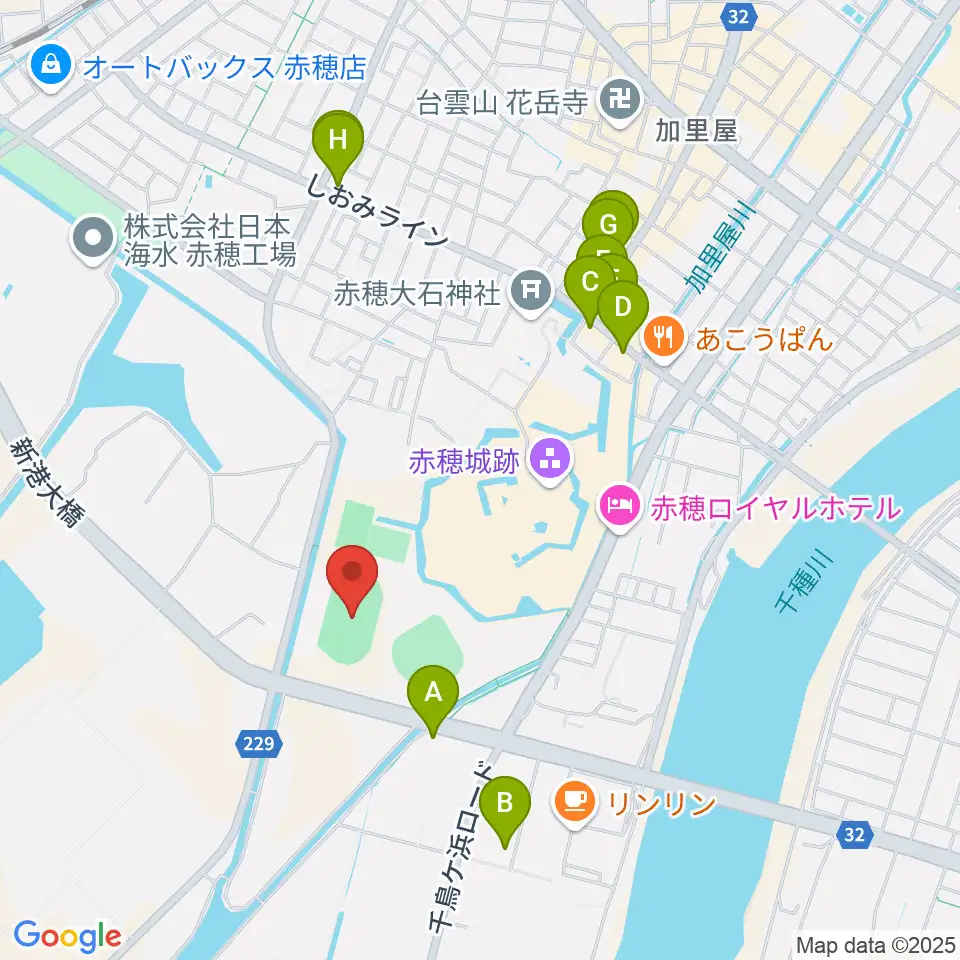赤穂城南緑地陸上競技場周辺のファミレス・ファーストフード一覧地図
