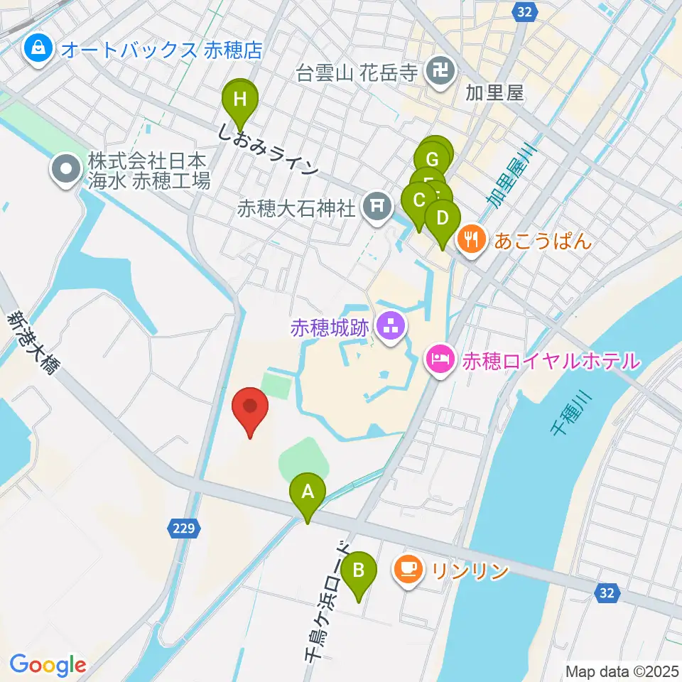赤穂城南緑地陸上競技場周辺のファミレス・ファーストフード一覧地図