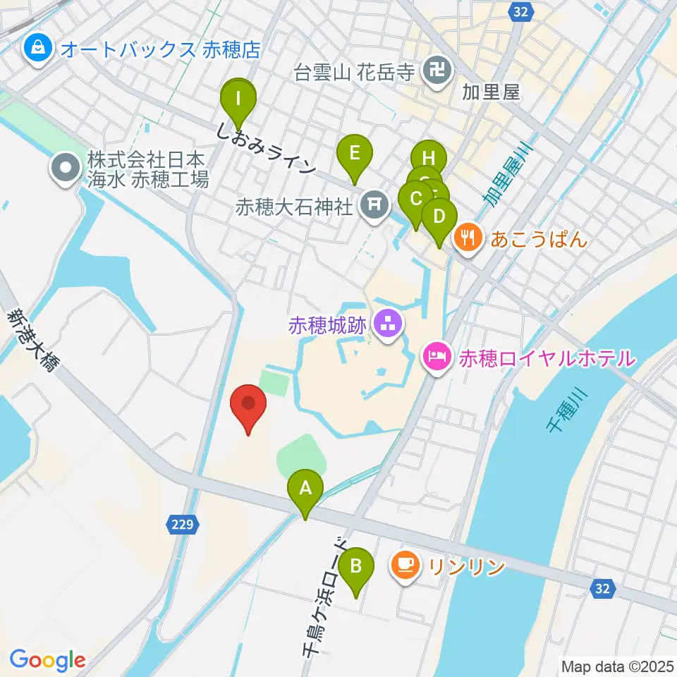 赤穂城南緑地陸上競技場周辺のファミレス・ファーストフード一覧地図