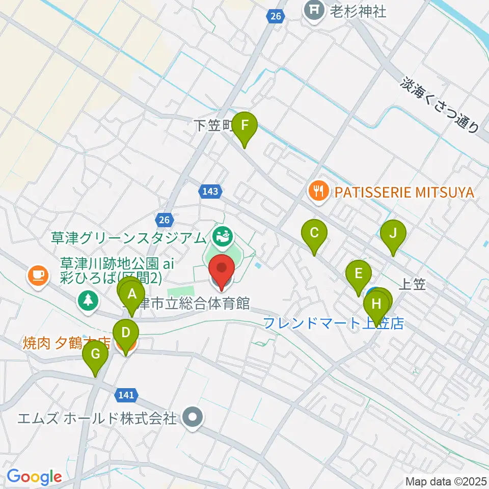 草津市立総合体育館周辺のファミレス・ファーストフード一覧地図