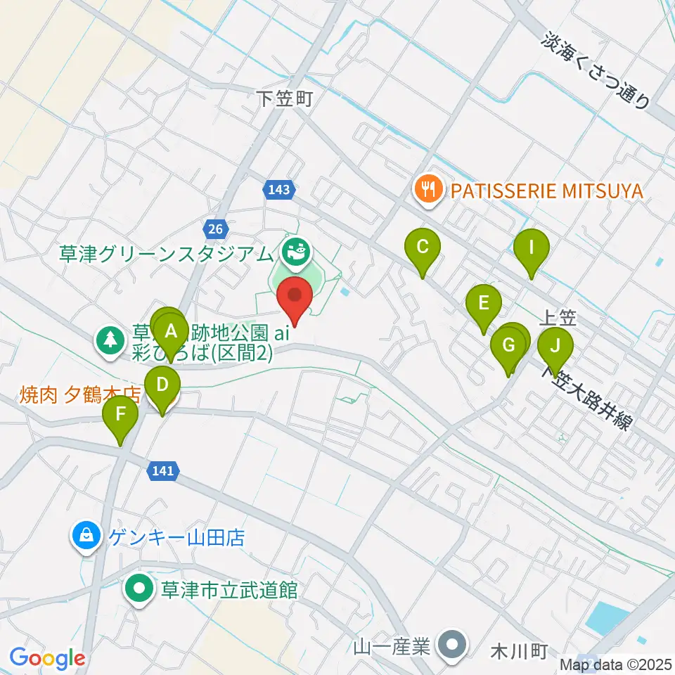 草津市立総合体育館周辺のファミレス・ファーストフード一覧地図
