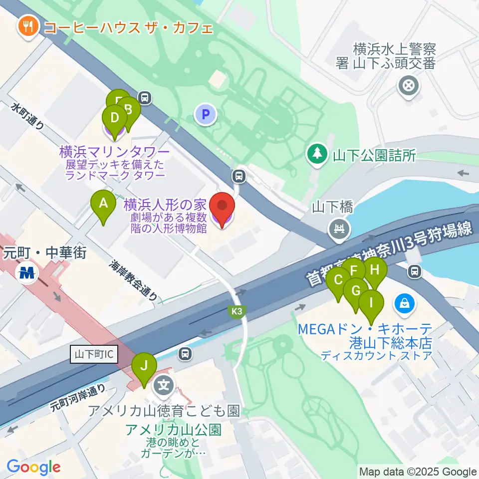 横浜人形の家周辺のファミレス・ファーストフード一覧地図