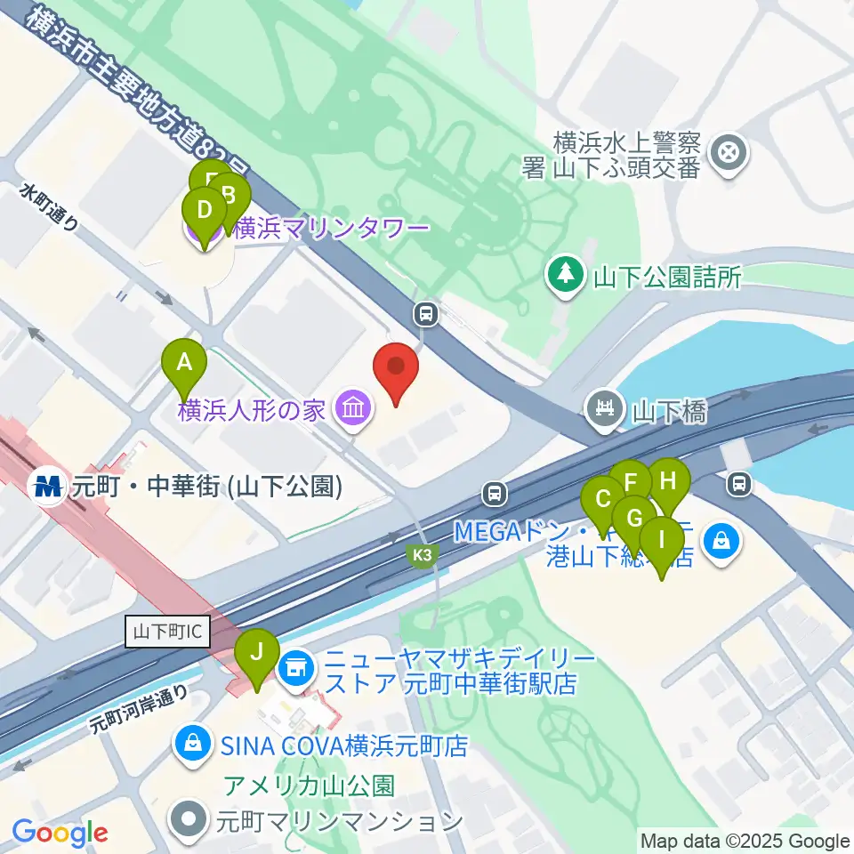 横浜人形の家周辺のファミレス・ファーストフード一覧地図