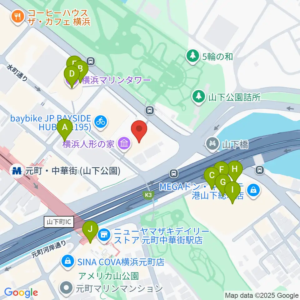 横浜人形の家周辺のファミレス・ファーストフード一覧地図