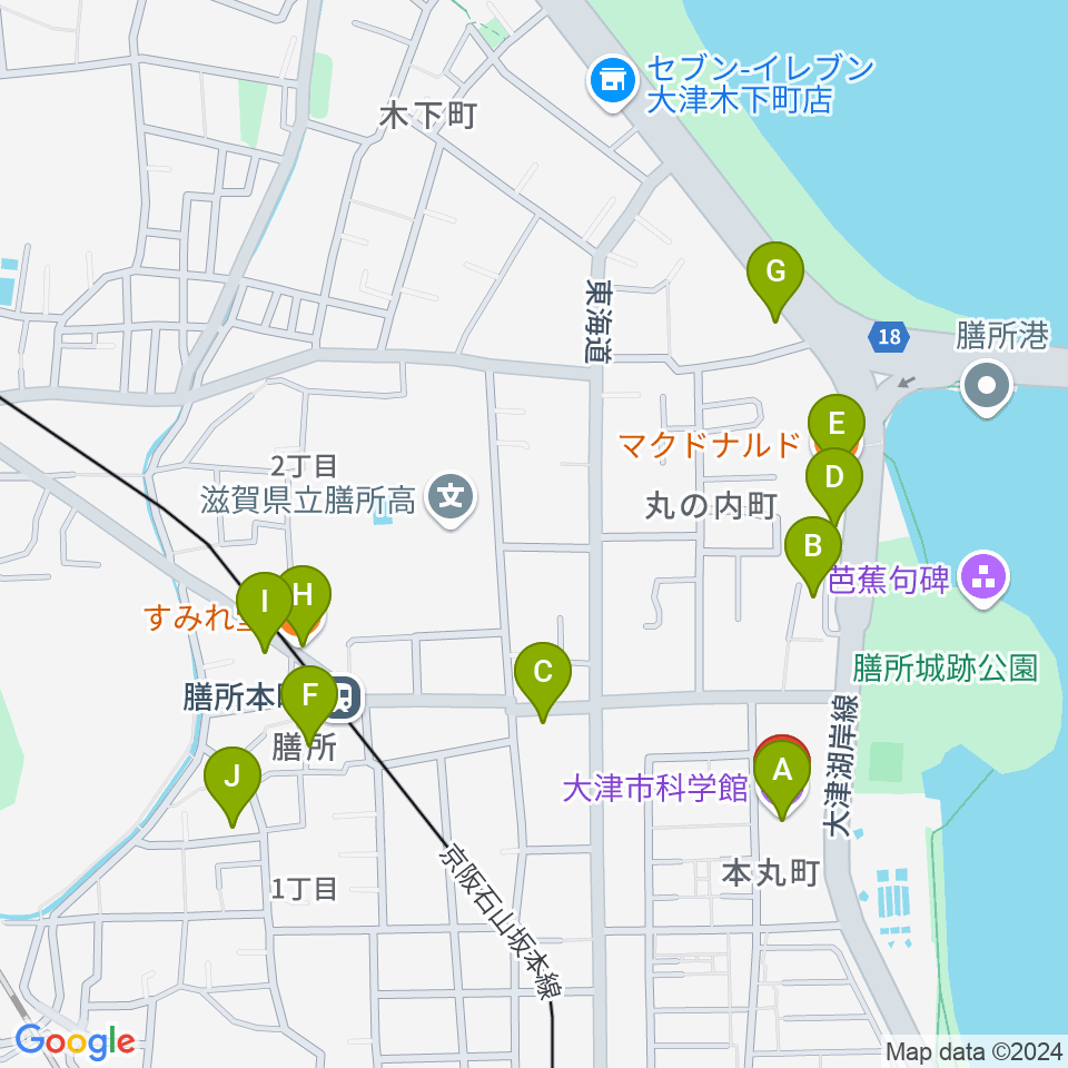 大津市生涯学習センター周辺のファミレス・ファーストフード一覧地図