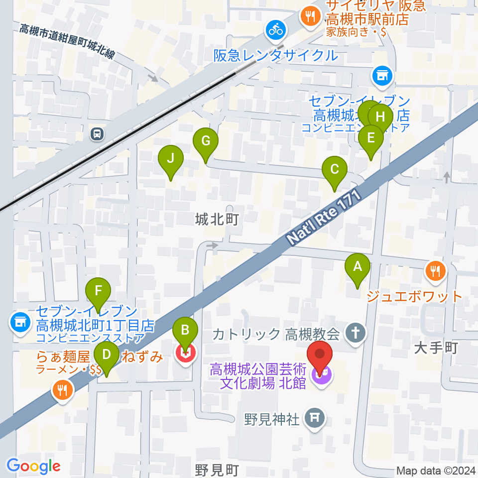 高槻城公園芸術文化劇場 北館周辺のファミレス・ファーストフード一覧地図