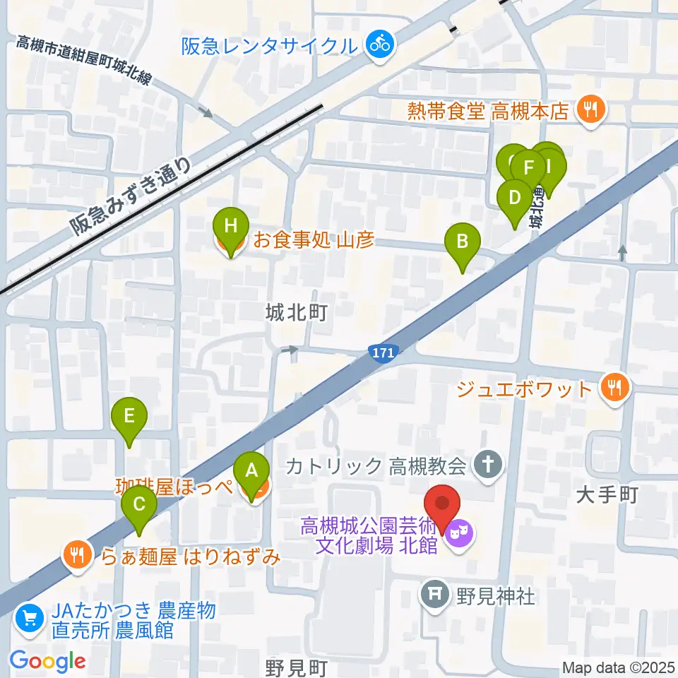 高槻城公園芸術文化劇場 北館周辺のファミレス・ファーストフード一覧地図