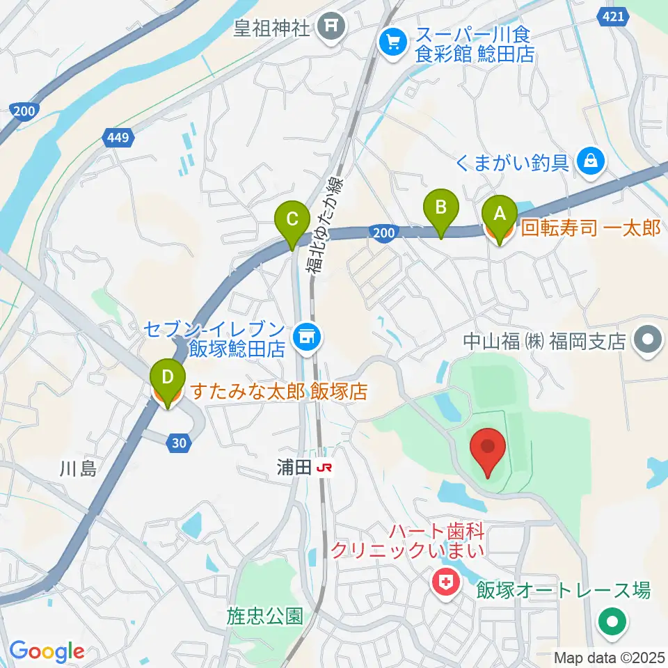 飯塚市総合体育館周辺のファミレス・ファーストフード一覧地図