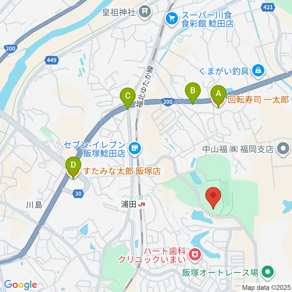 飯塚市総合体育館周辺のファミレス・ファーストフード一覧地図