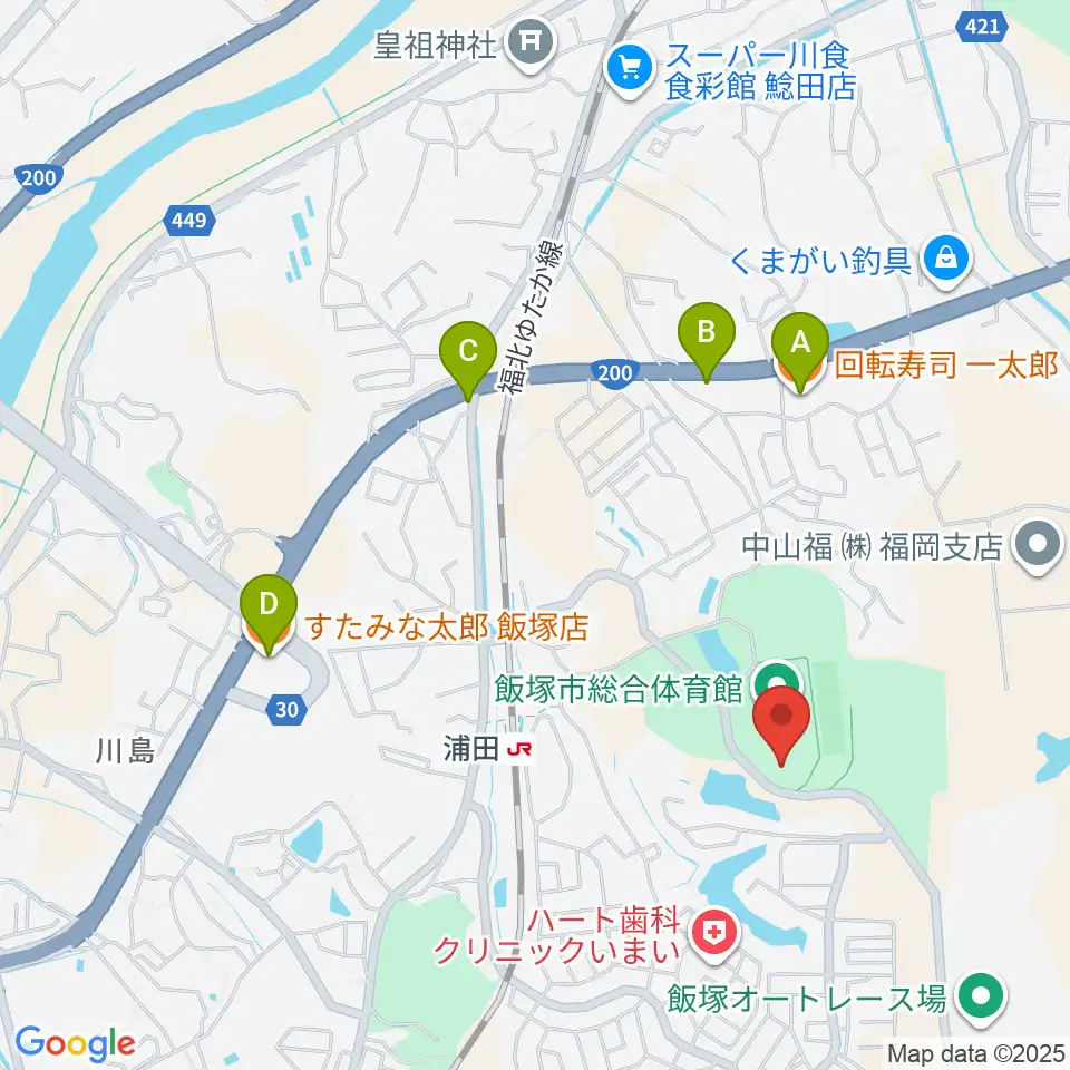 飯塚市総合体育館周辺のファミレス・ファーストフード一覧地図