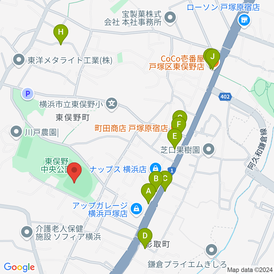 東俣野中央公園運動広場周辺のファミレス・ファーストフード一覧地図