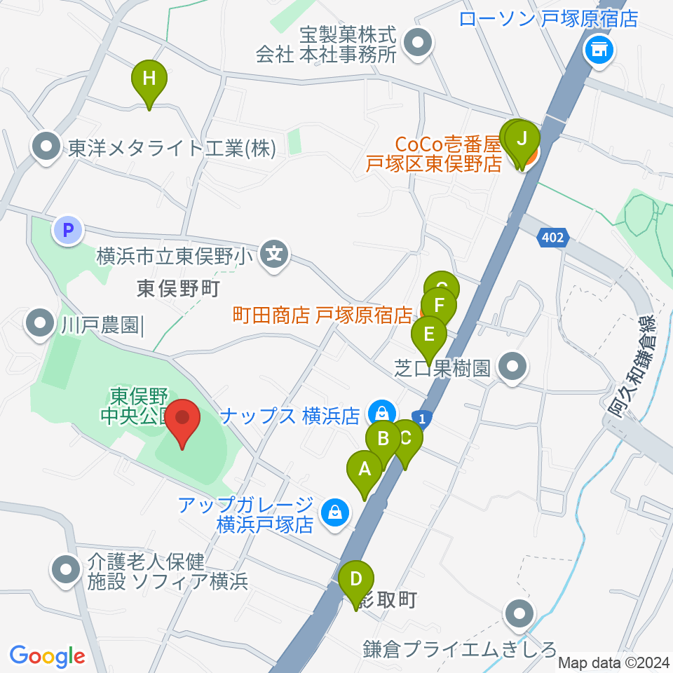 東俣野中央公園運動広場周辺のファミレス・ファーストフード一覧地図