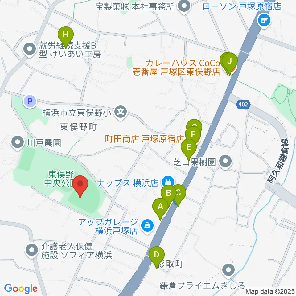 東俣野中央公園運動広場周辺のファミレス・ファーストフード一覧地図