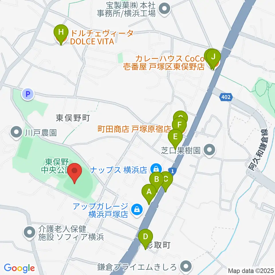 東俣野中央公園運動広場周辺のファミレス・ファーストフード一覧地図