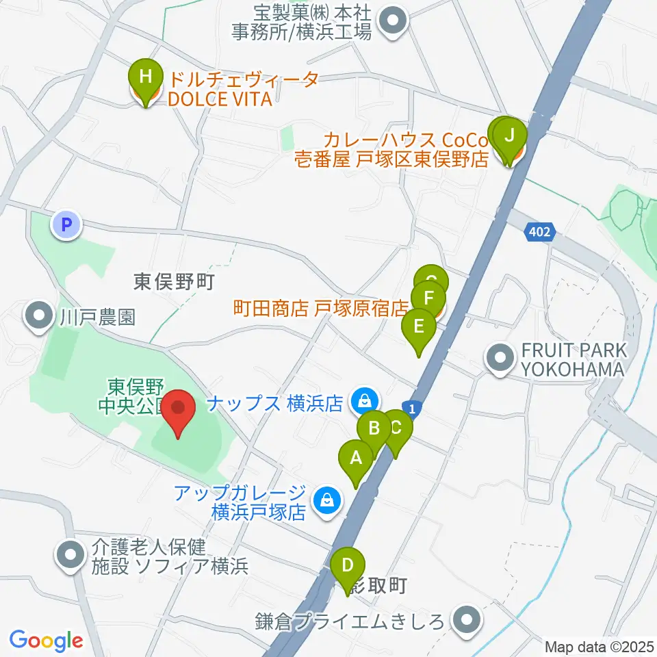 東俣野中央公園運動広場周辺のファミレス・ファーストフード一覧地図