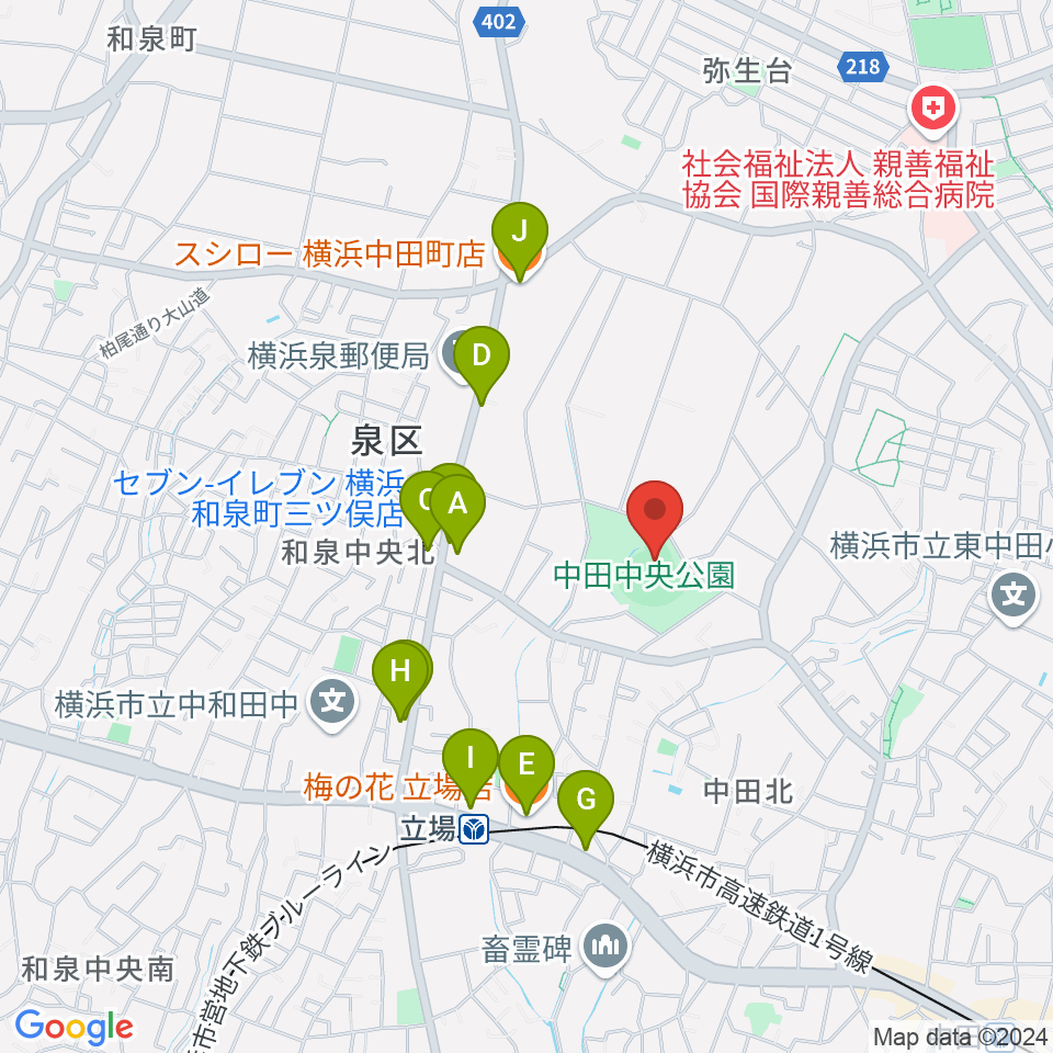 中田中央公園野球場周辺のファミレス・ファーストフード一覧地図