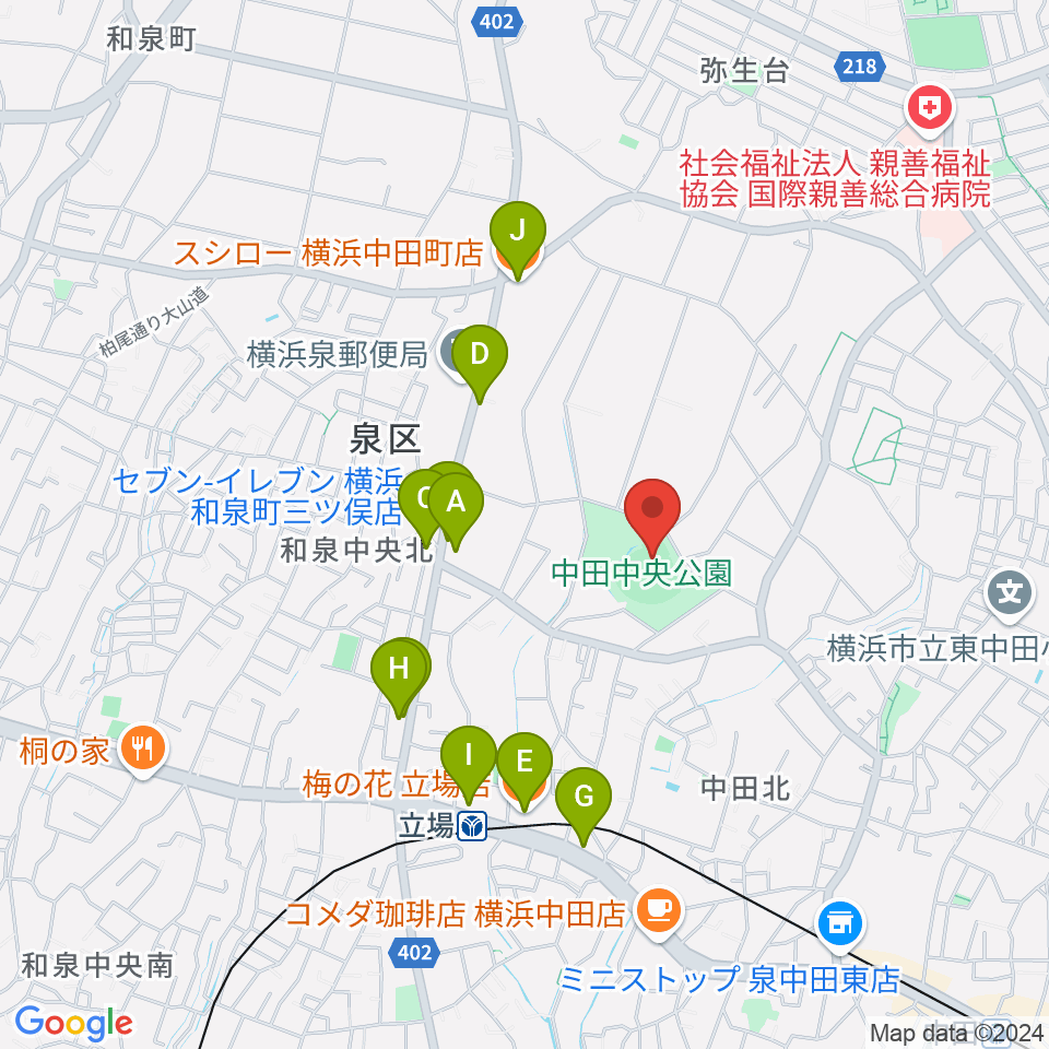 中田中央公園野球場周辺のファミレス・ファーストフード一覧地図