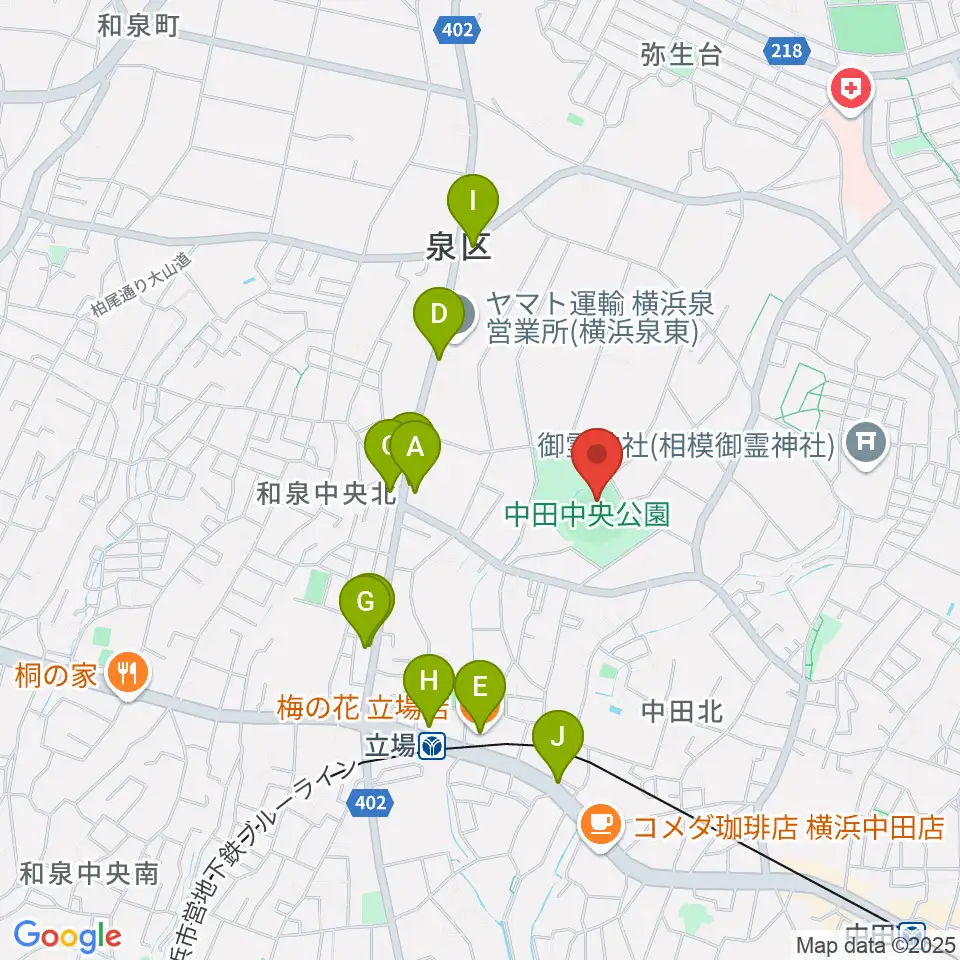 中田中央公園野球場周辺のファミレス・ファーストフード一覧地図