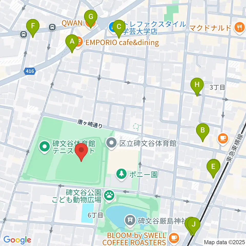 碑文谷野球場周辺のファミレス・ファーストフード一覧地図