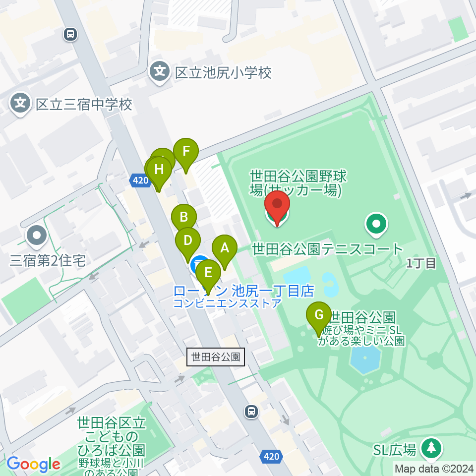 世田谷公園軟式野球場周辺のファミレス・ファーストフード一覧地図