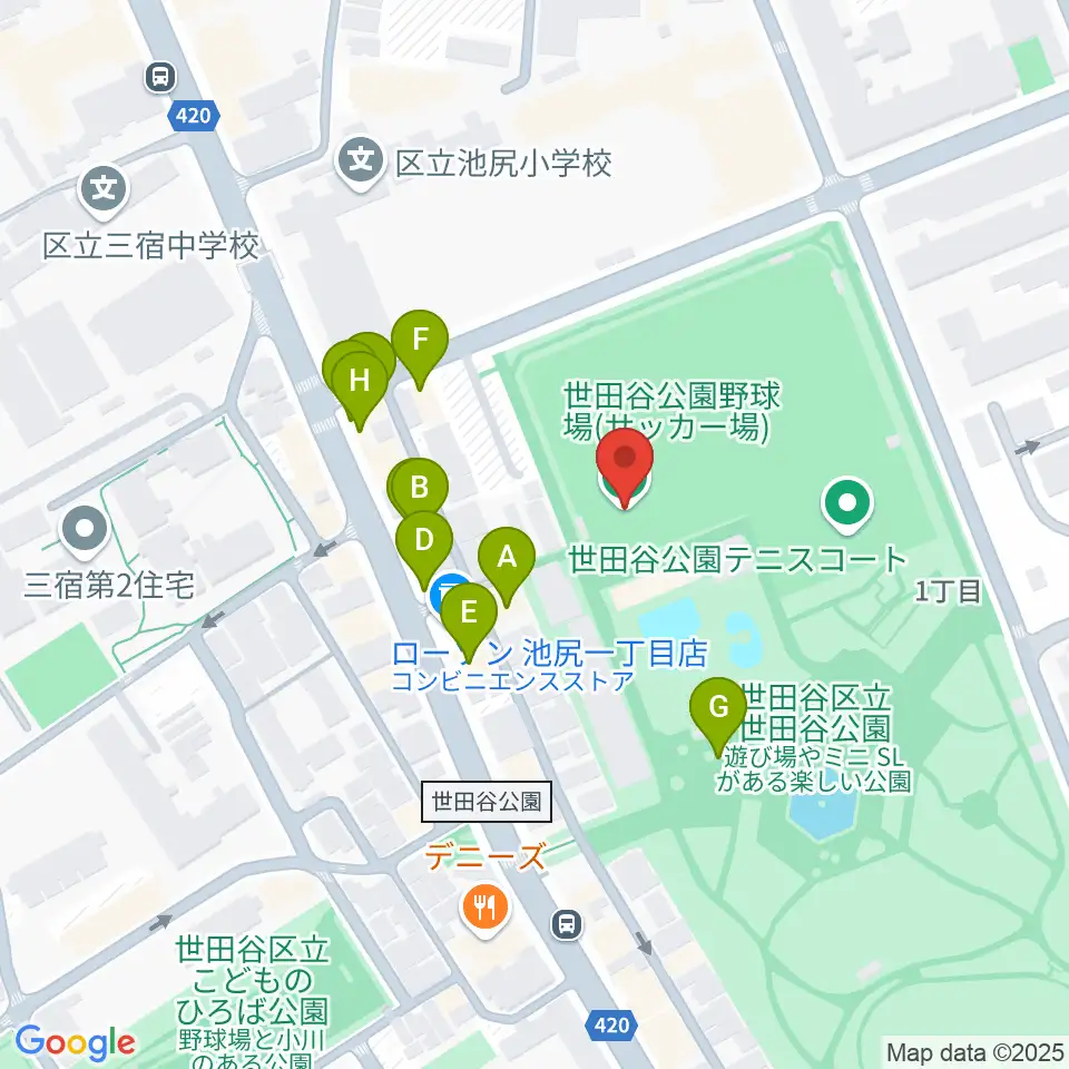 世田谷公園軟式野球場周辺のファミレス・ファーストフード一覧地図
