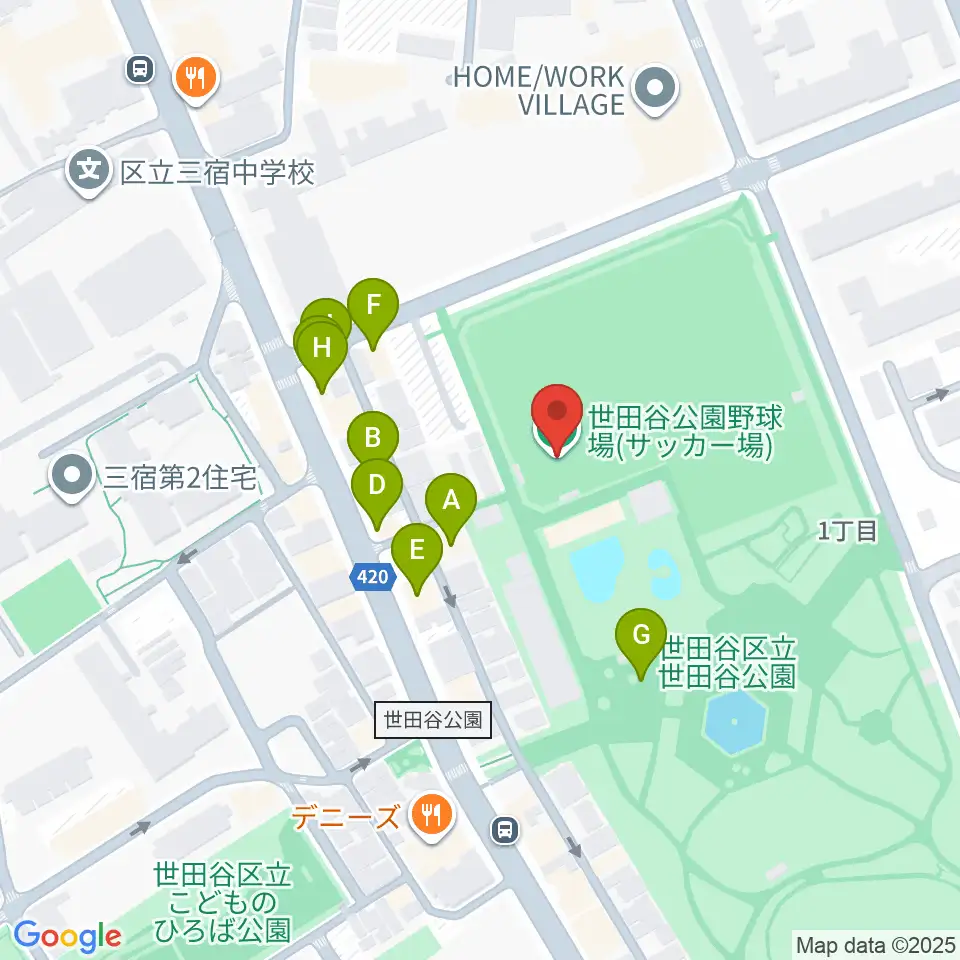 世田谷公園軟式野球場周辺のファミレス・ファーストフード一覧地図