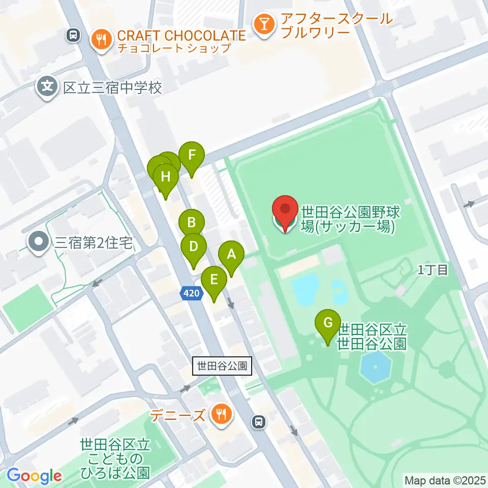 世田谷公園軟式野球場周辺のファミレス・ファーストフード一覧地図