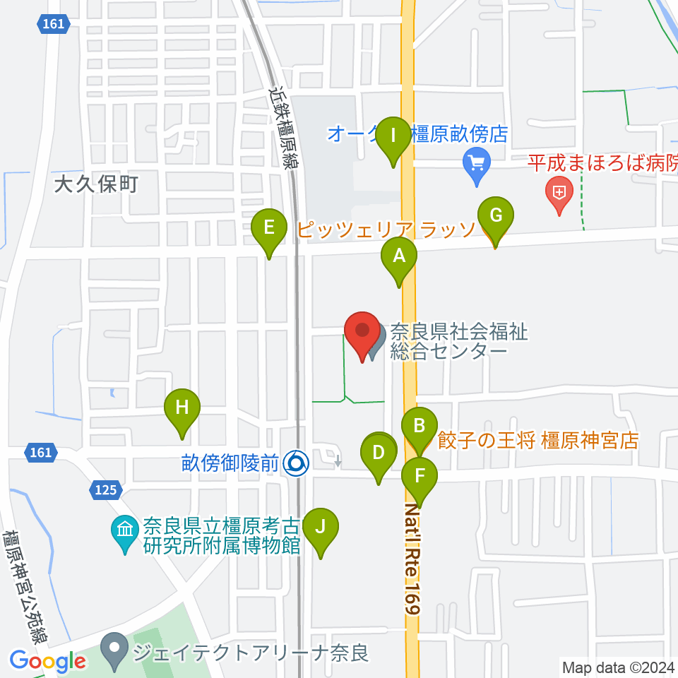 奈良県社会福祉総合センター周辺のファミレス・ファーストフード一覧地図