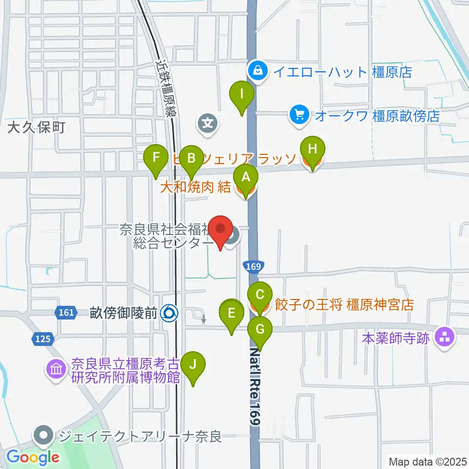 奈良県社会福祉総合センター周辺のファミレス・ファーストフード一覧地図